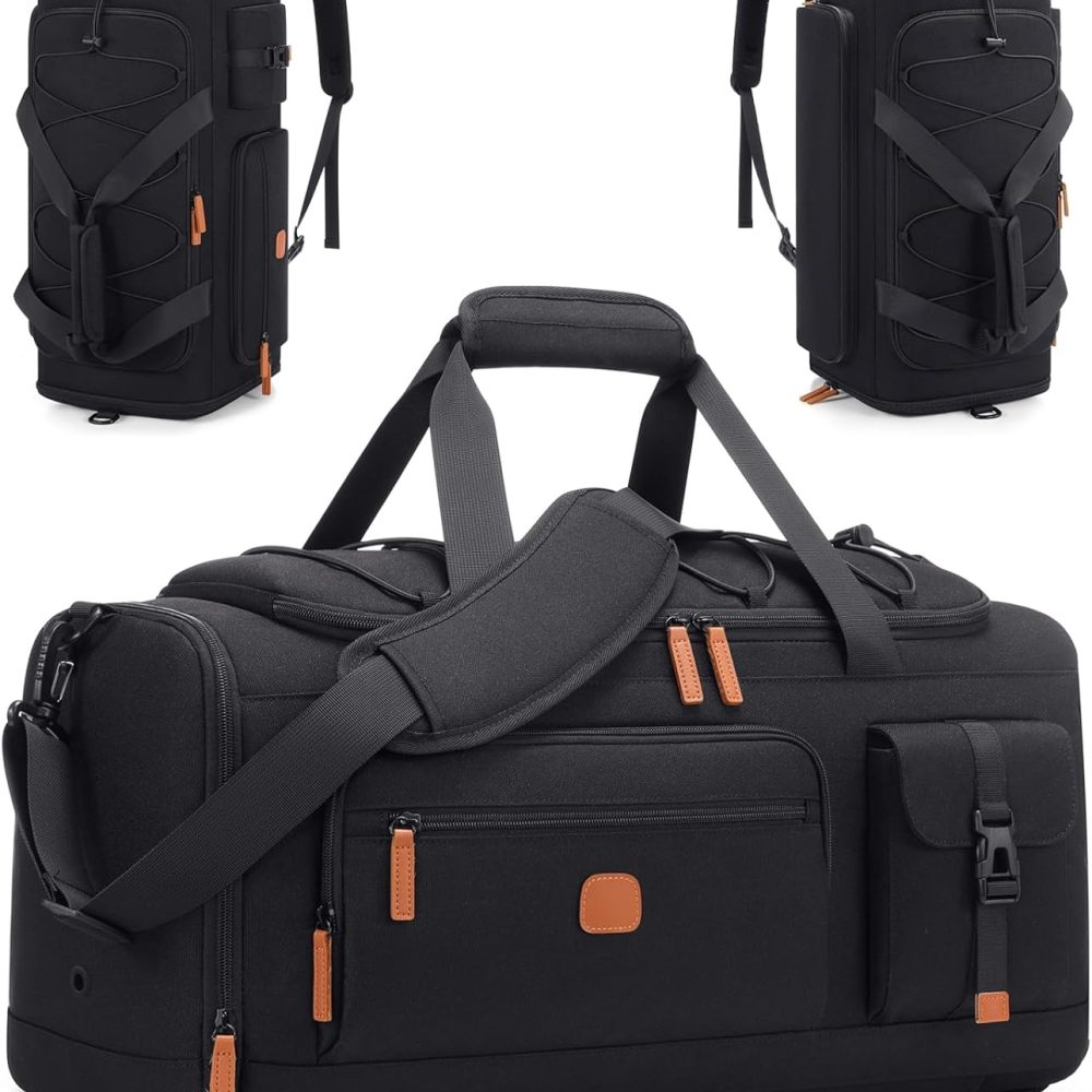Gym Bag for Men and Women with Shoe & Laptop Compartment, 3-in-1 Sports Travel Duffel Bag Anti-Theft Weekender Carry-On Backpack for Airplane & Workout, Overnight Travel Bag,35L (Black, Medium)