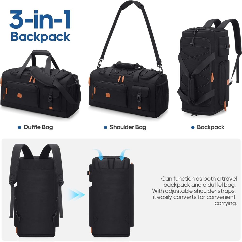 Gym Bag for Men and Women with Shoe & Laptop Compartment, 3-in-1 Sports Travel Duffel Bag Anti-Theft Weekender Carry-On Backpack for Airplane & Workout, Overnight Travel Bag,35L (Black, Medium) - Image 3